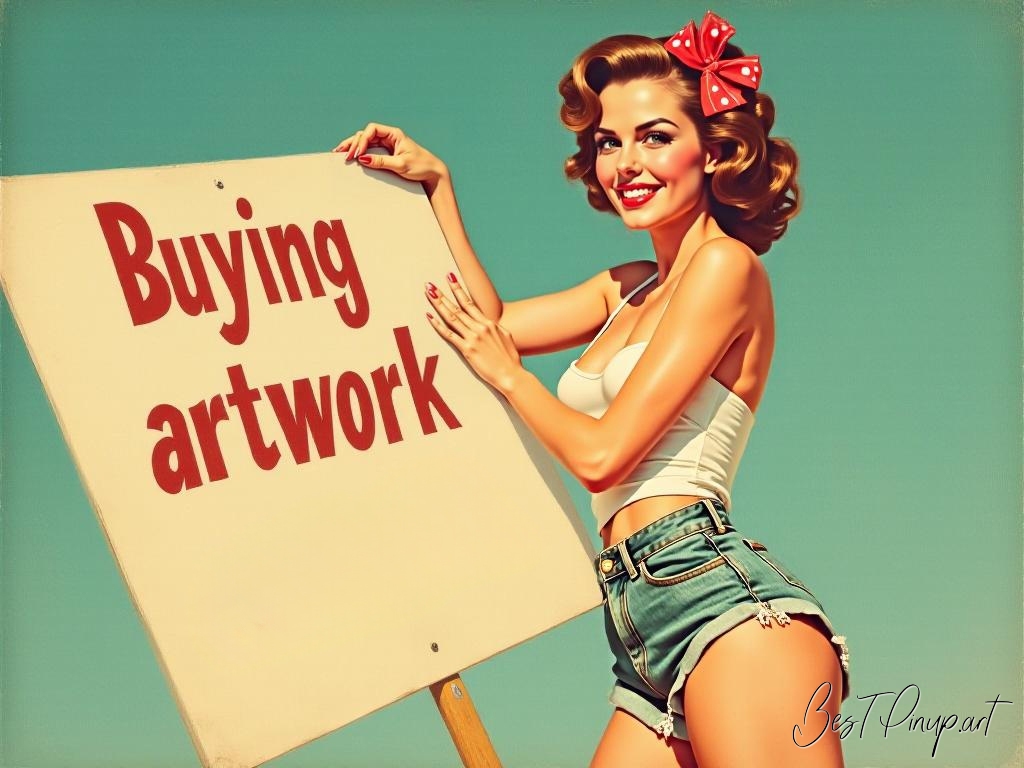 Pin-up girl showcasing a sign with buying artwork theme