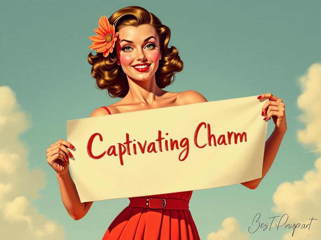 Pin-up girl showcasing a sign with captivating charm theme