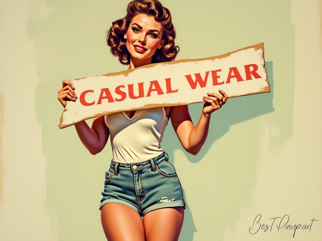 Pin-up girl showcasing a sign with casual wear theme