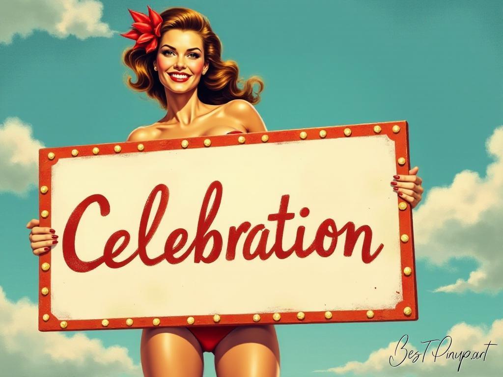 Pin-up girl showcasing a sign with celebration theme
