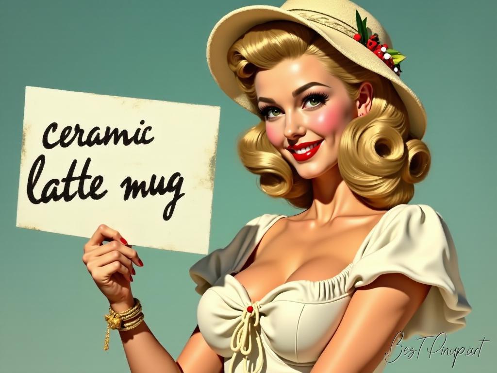 Pin-up girl showcasing a sign with ceramic latte mug theme