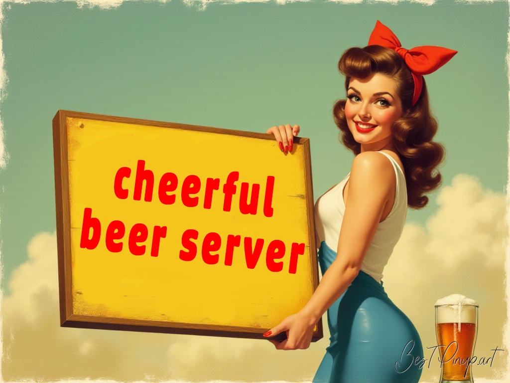 Pin-up girl showcasing a sign with cheerful beer server theme