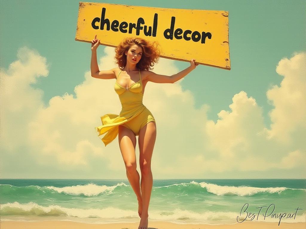 Pin-up girl showcasing a sign with cheerful decor theme