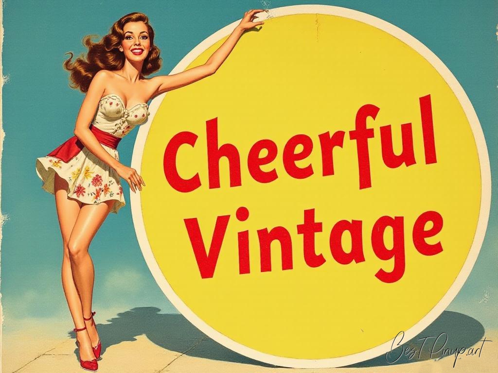 Pin-up girl showcasing a sign with cheerful vintage poster theme