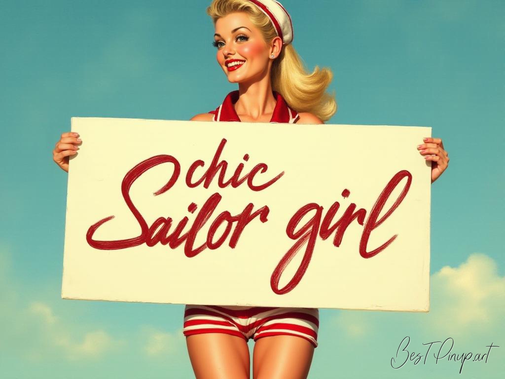 Pin-up girl showcasing a sign with chic sailor girl theme