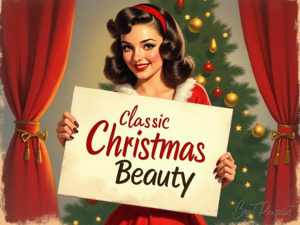 Pin-up girl showcasing a sign with classic Christmas beauty theme