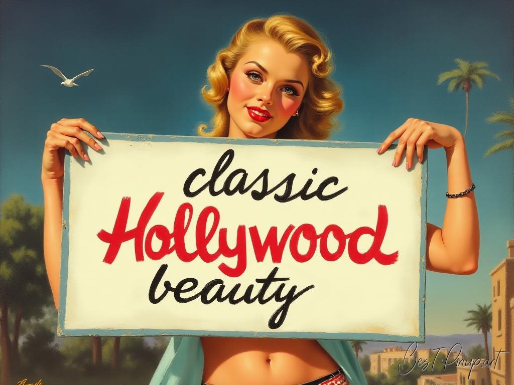 Pin-up girl showcasing a sign with classic Hollywood beauty theme