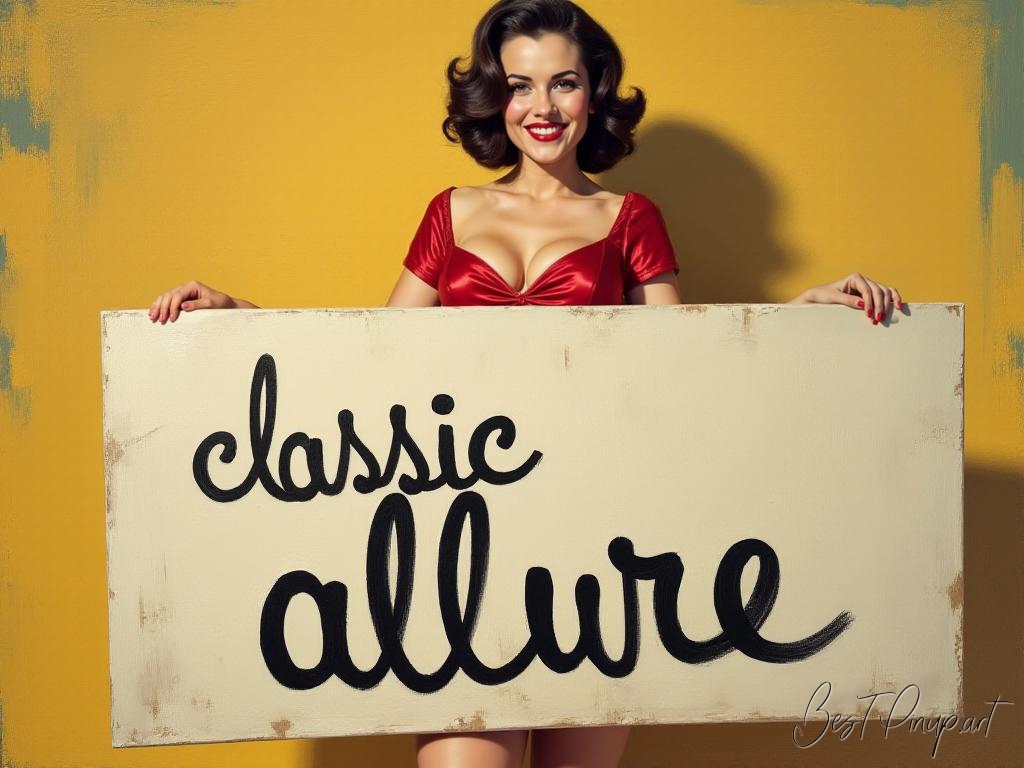 Pin-up girl showcasing a sign with classic allure theme