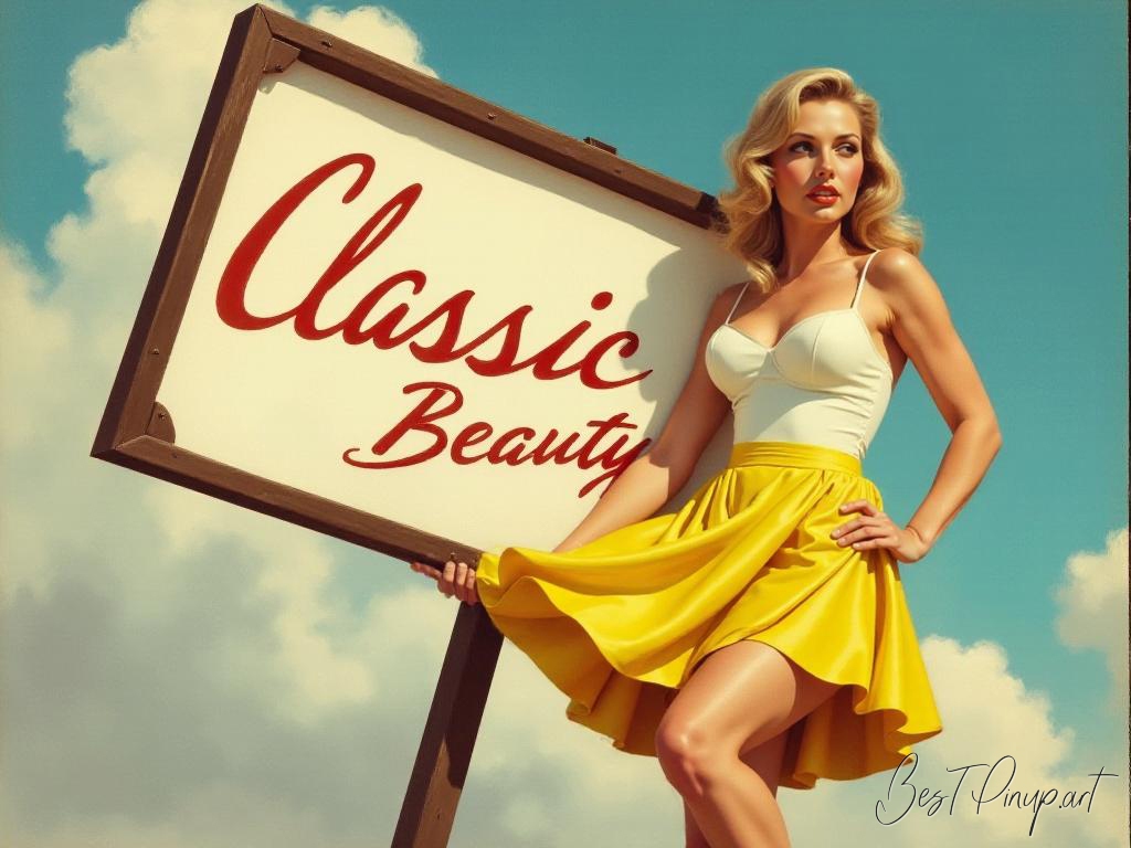 Pin-up girl showcasing a sign with classic beauty theme