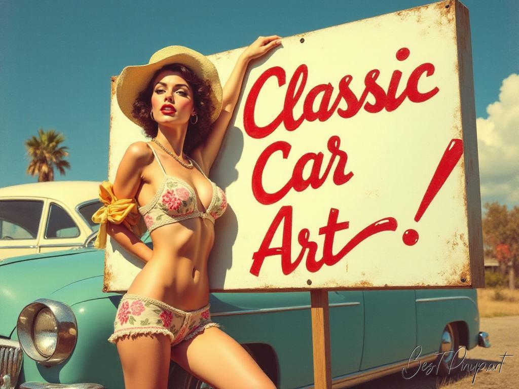 Pin-up girl showcasing a sign with classic car art theme
