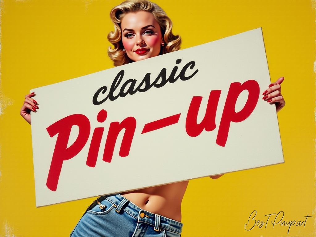 Pin-up girl showcasing a sign with classic pin-up theme