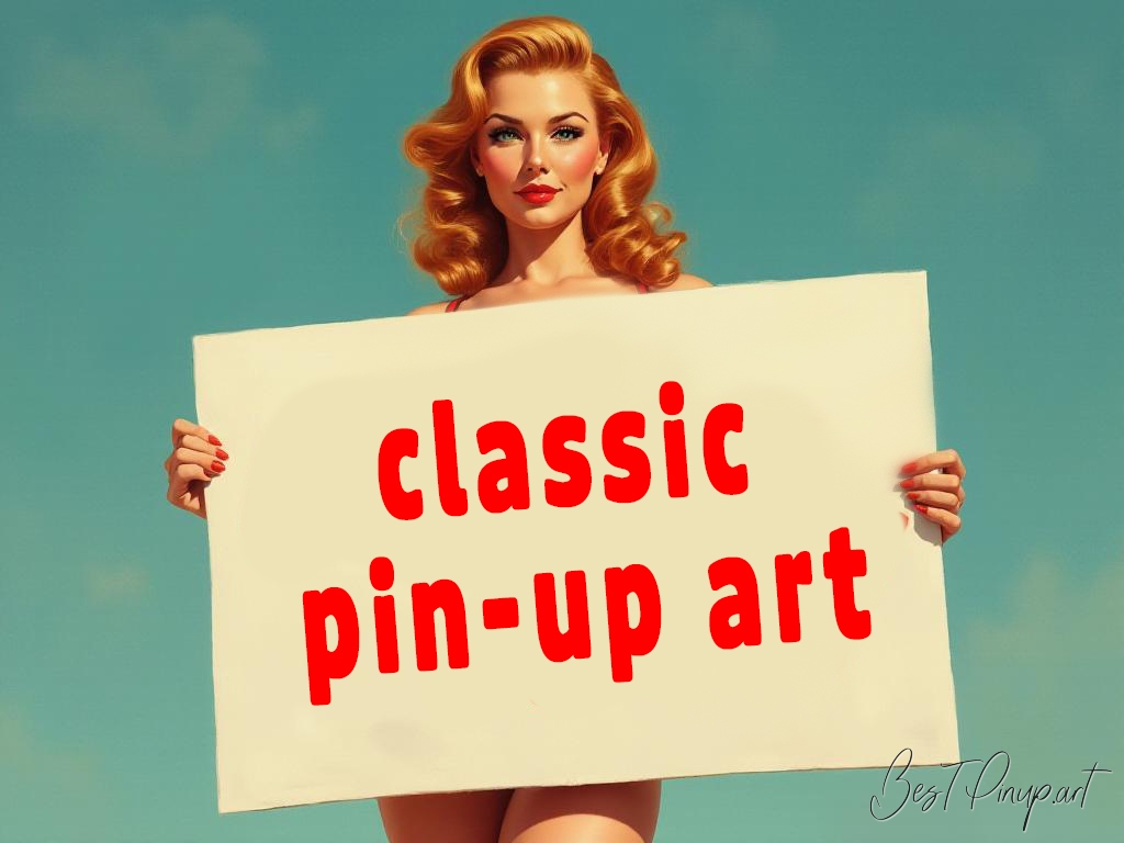 Pin-up girl showcasing a sign with classic pin-up art theme