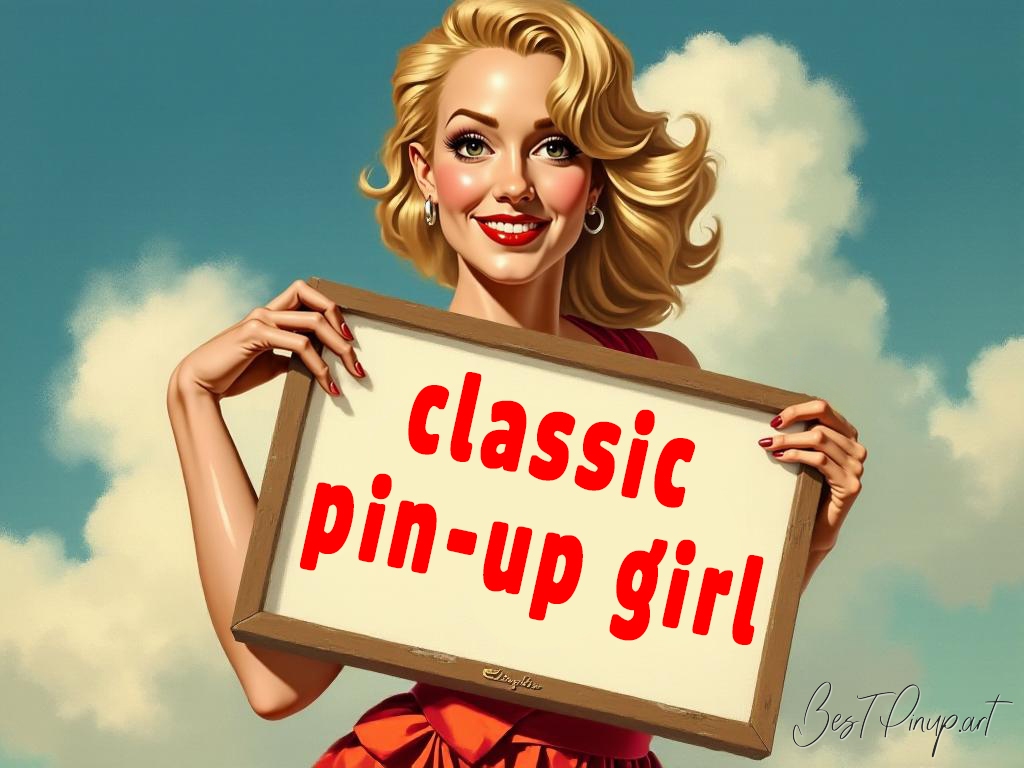 Pin-up girl showcasing a sign with classic pin-up girl theme