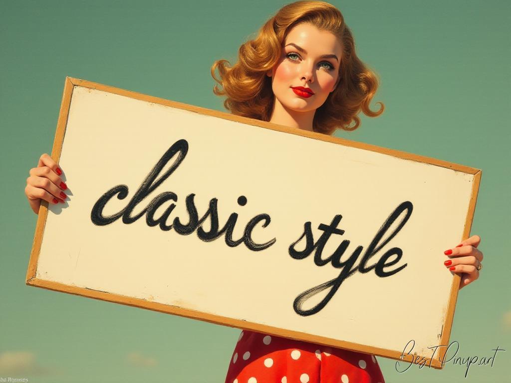 Pin-up girl showcasing a sign with classic pin-up style theme