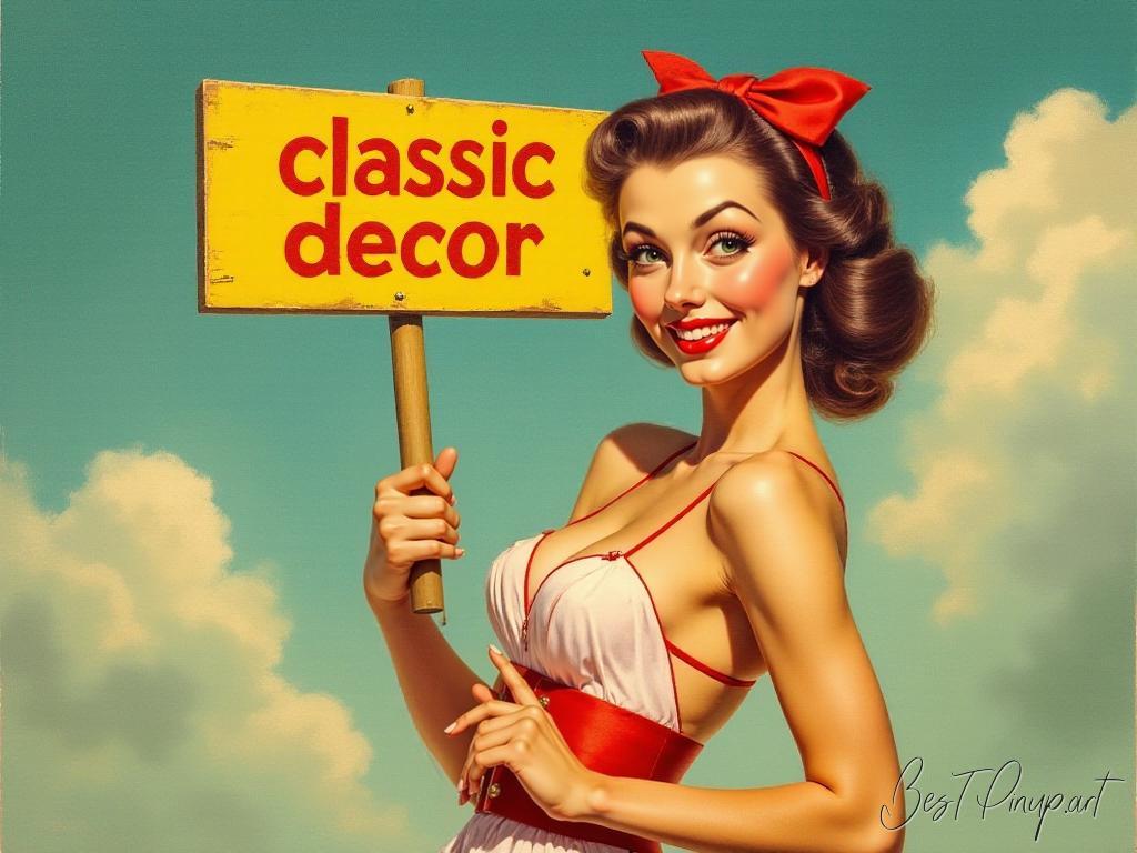 Pin-up girl showcasing a sign with classic retro decor theme