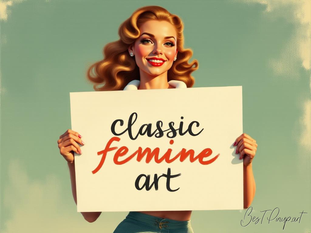 Pin-up girl showcasing a sign with classic retro feminine art theme