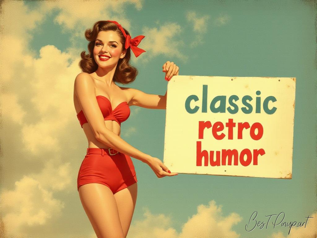Pin-up girl showcasing a sign with classic retro humor theme