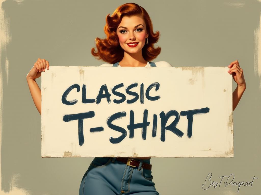 Pin-up girl showcasing a sign with classic t-shirt theme