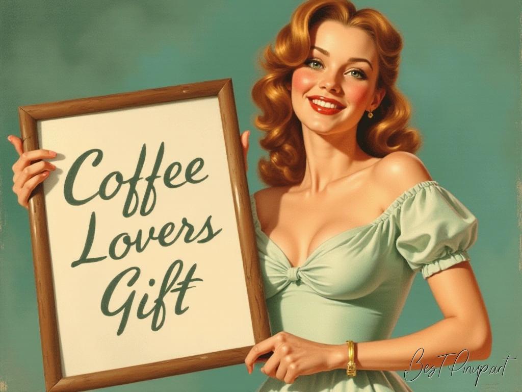 Pin-up girl showcasing a sign with coffee lovers gift theme