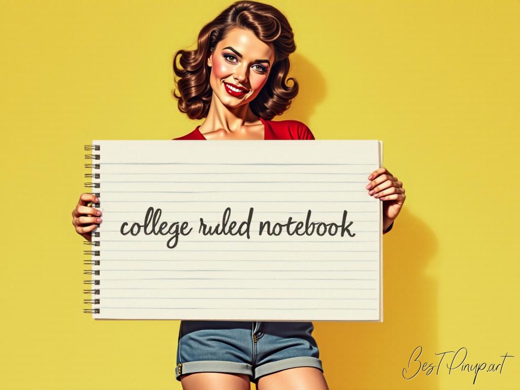 Pin-up girl showcasing a sign with college-ruled notebook theme