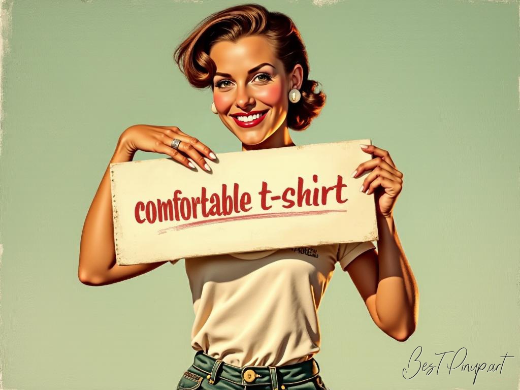 Pin-up girl showcasing a sign with comfortable t-shirt theme