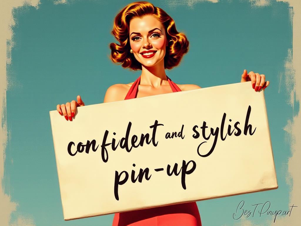 Pin-up girl showcasing a sign with confident and stylish pin-up theme