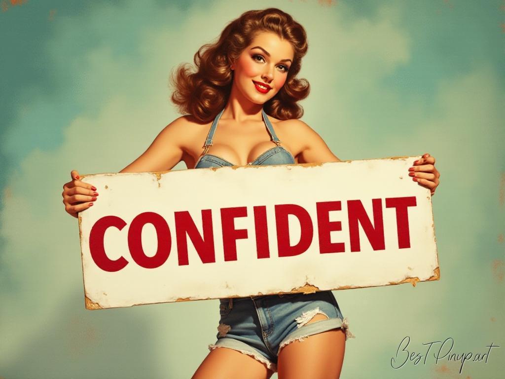 Pin-up girl showcasing a sign with confident pin-up decor theme