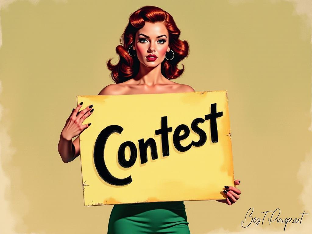 Pin-up girl showcasing a sign with Contest theme
