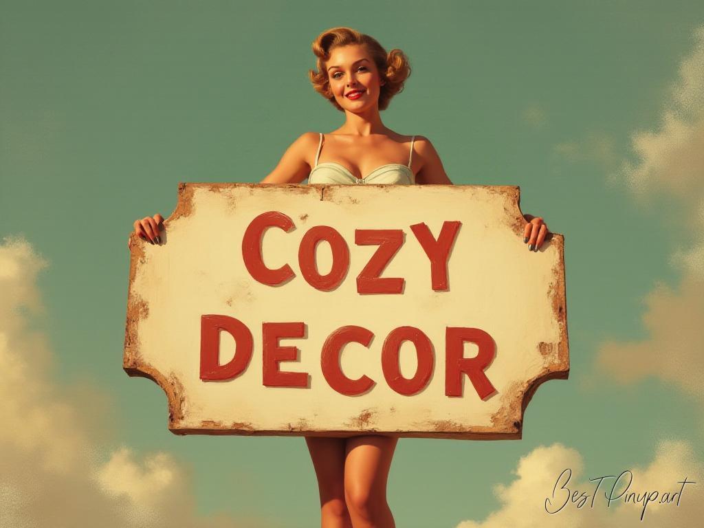 Pin-up girl showcasing a sign with cozy decor theme