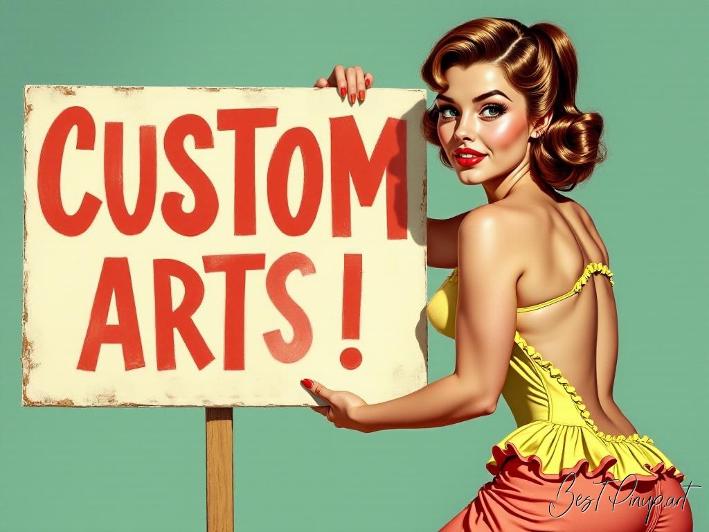 Pin-up girl showcasing a sign with custom art theme