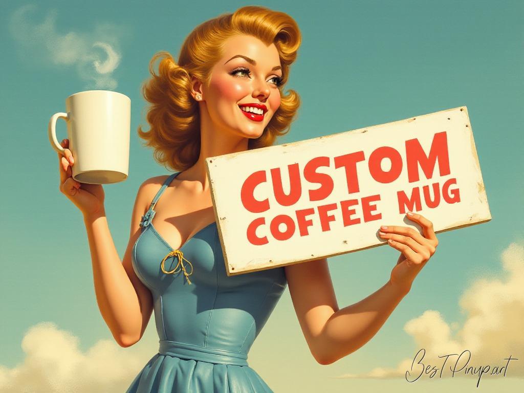 Pin-up girl showcasing a sign with custom coffee mug theme