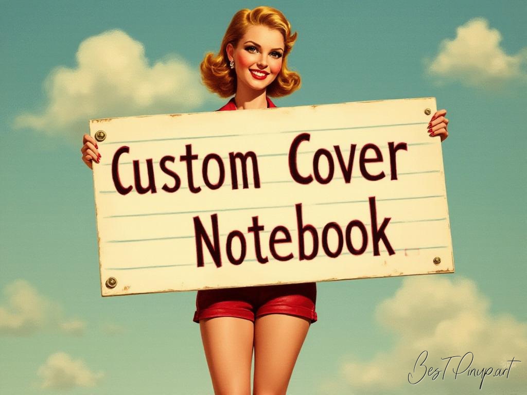 Pin-up girl showcasing a sign with custom cover notebook theme