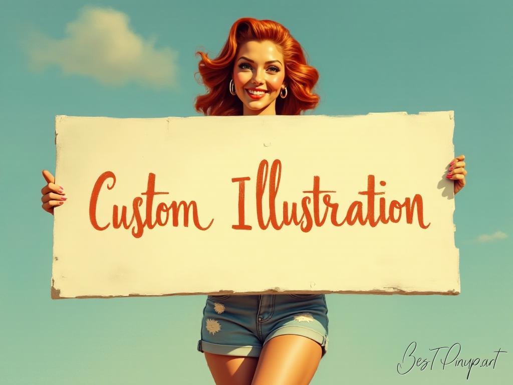 Pin-up girl showcasing a sign with custom digital illustration theme