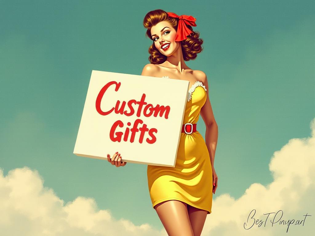 Pin-up girl showcasing a sign with custom gifts theme