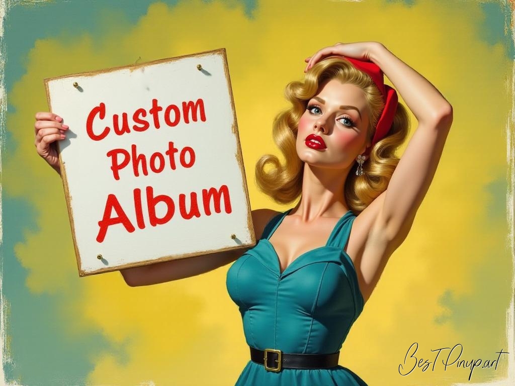 Pin-up girl showcasing a sign with custom photo album theme