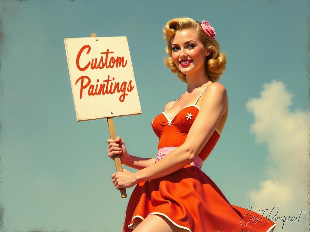 Pin-up girl showcasing a sign with custom pin-up paintings theme