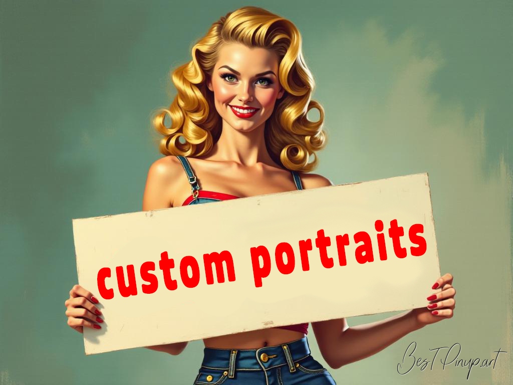 Pin-up girl showcasing a sign with custom portraits theme