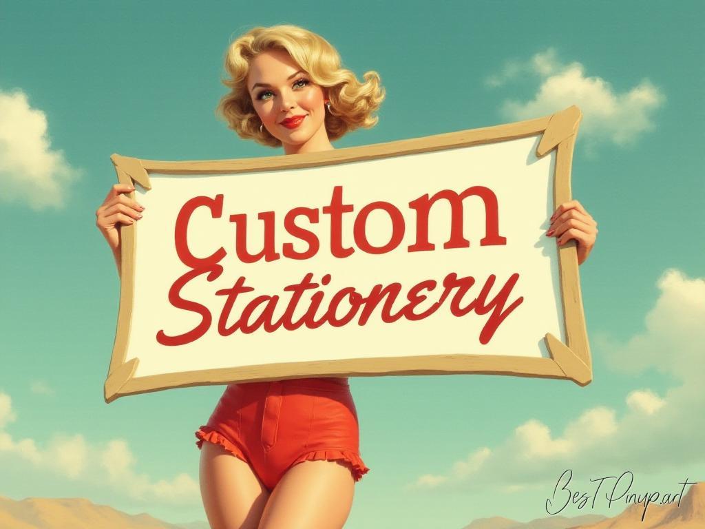 Pin-up girl showcasing a sign with custom stationery theme