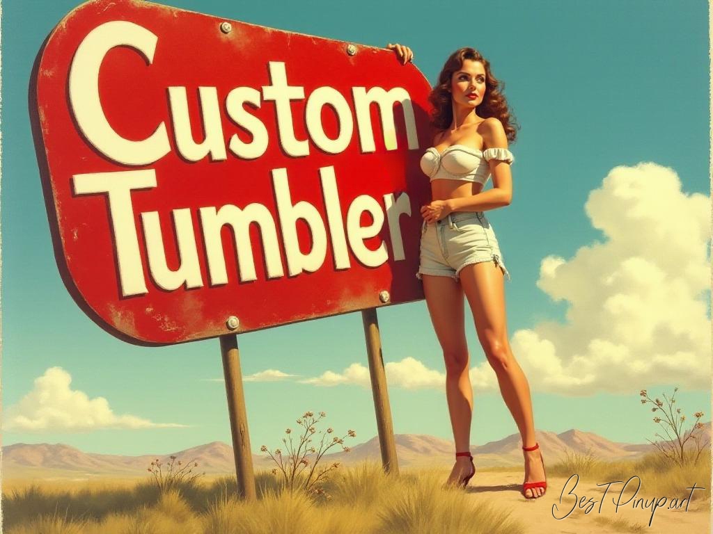 Pin-up girl showcasing a sign with custom tumbler theme