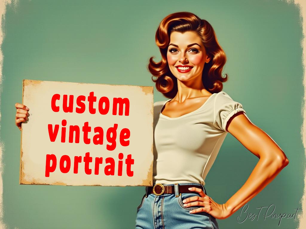 Pin-up girl showcasing a sign with custom vintage portrait theme