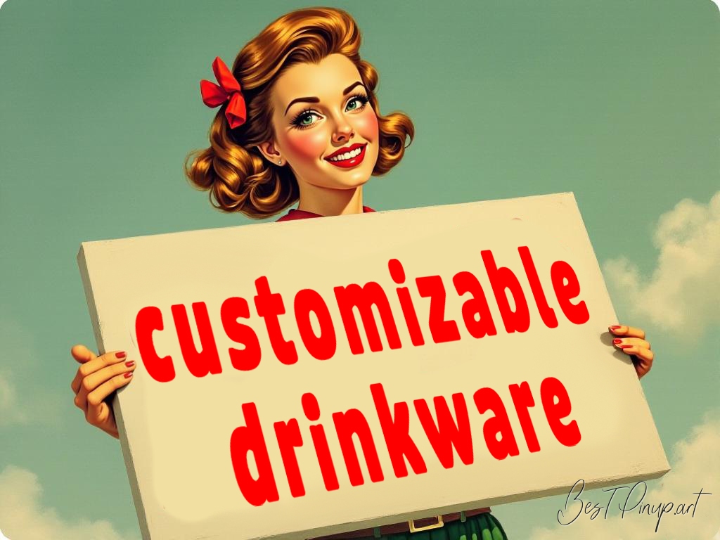 Pin-up girl showcasing a sign with customizable drinkware theme