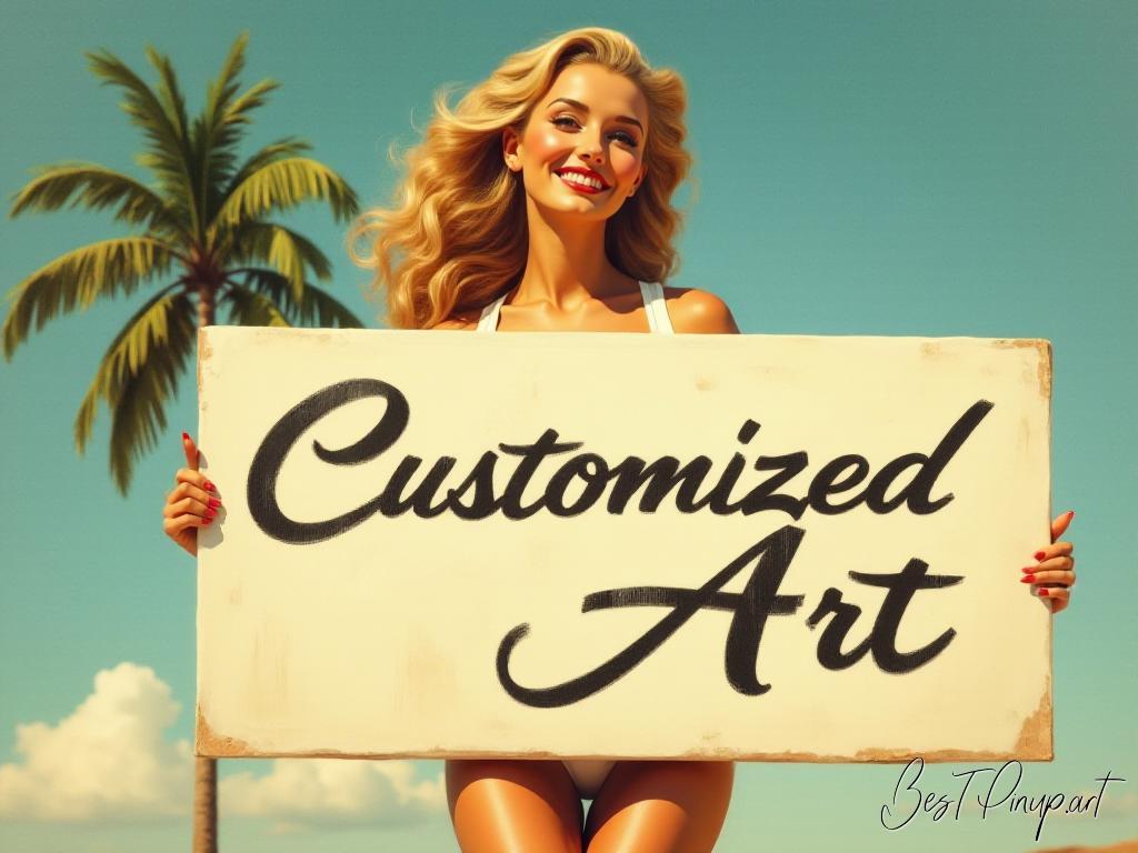 Pin-up girl showcasing a sign with customized pin-up art theme