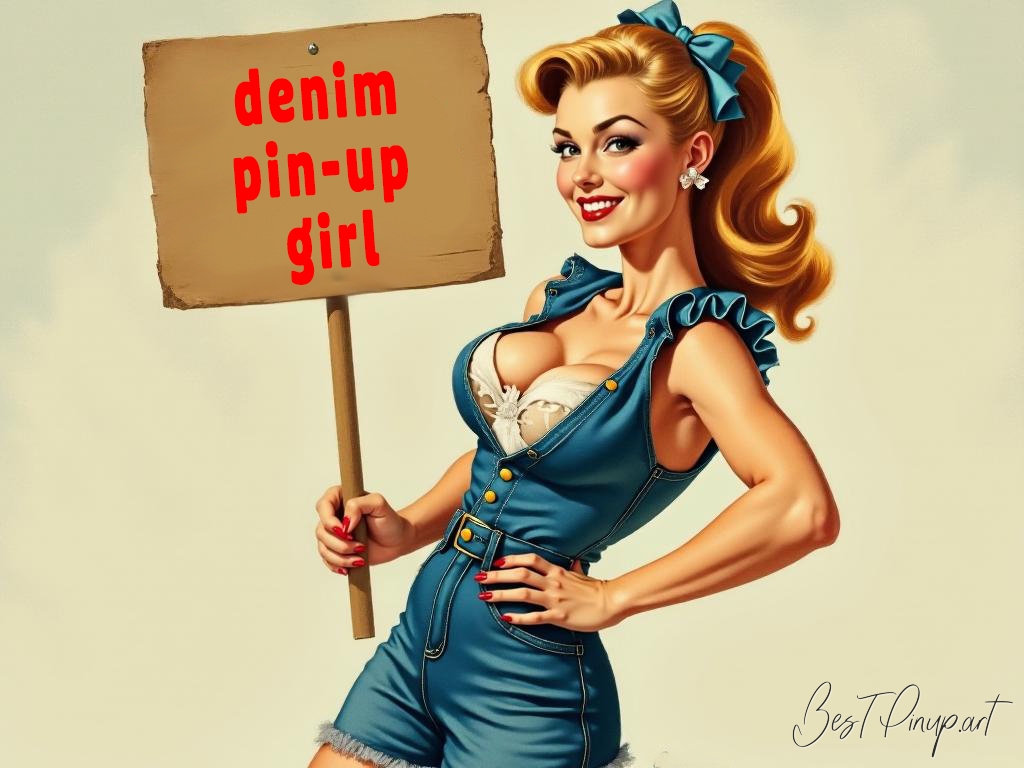 Pin-up girl showcasing a sign with denim pin-up girl theme