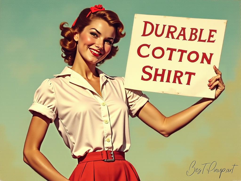 Pin-up girl showcasing a sign with durable cotton shirt theme