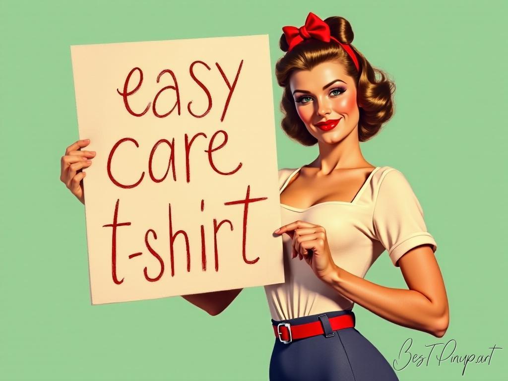 Pin-up girl showcasing a sign with easy care t-shirt theme