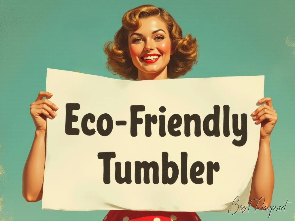Pin-up girl showcasing a sign with eco-friendly tumbler theme