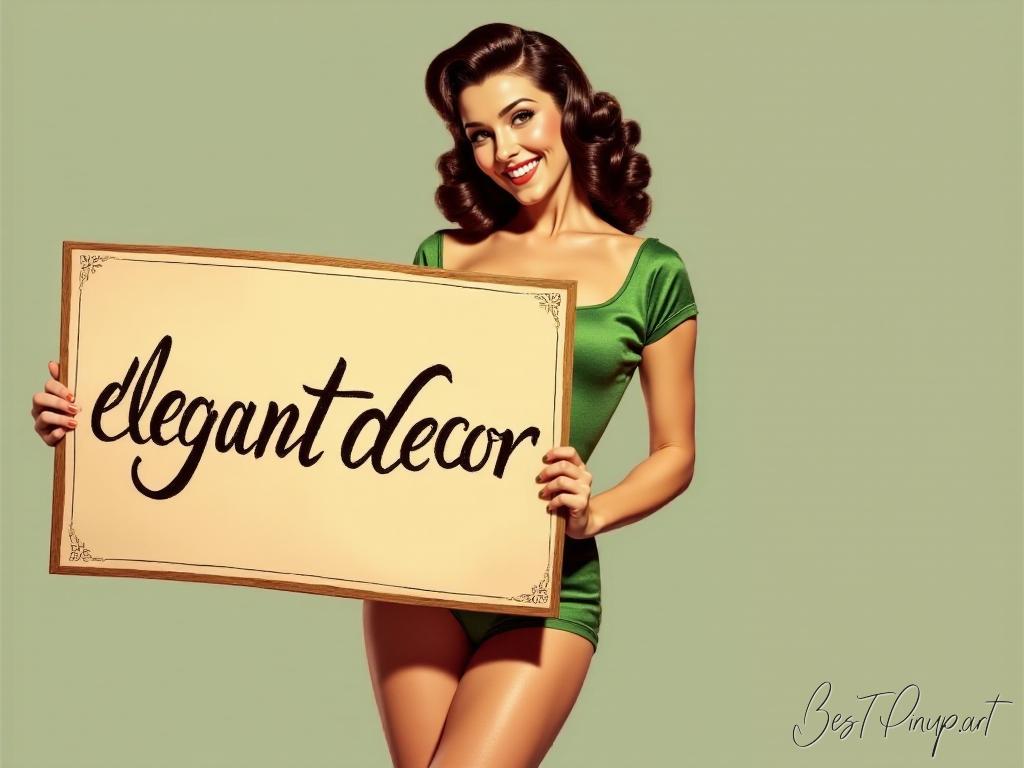 Pin-up girl showcasing a sign with elegant decor theme