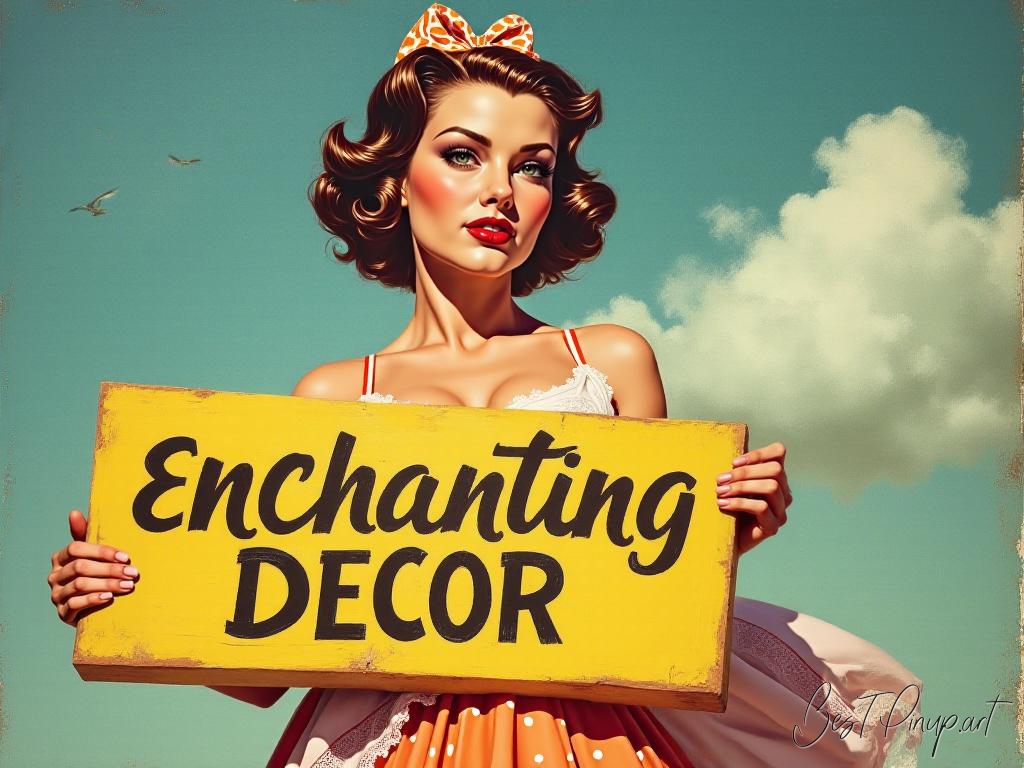 Pin-up girl showcasing a sign with enchanting decor theme