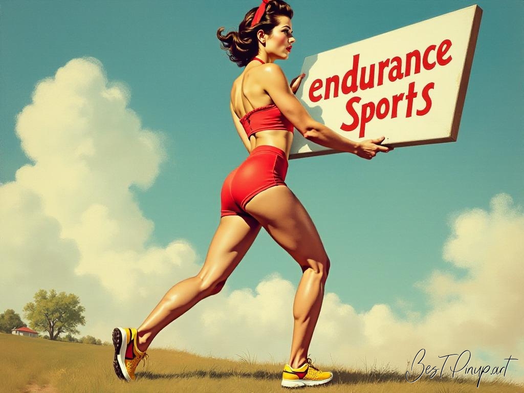 Pin-up girl showcasing a sign with endurance sports theme