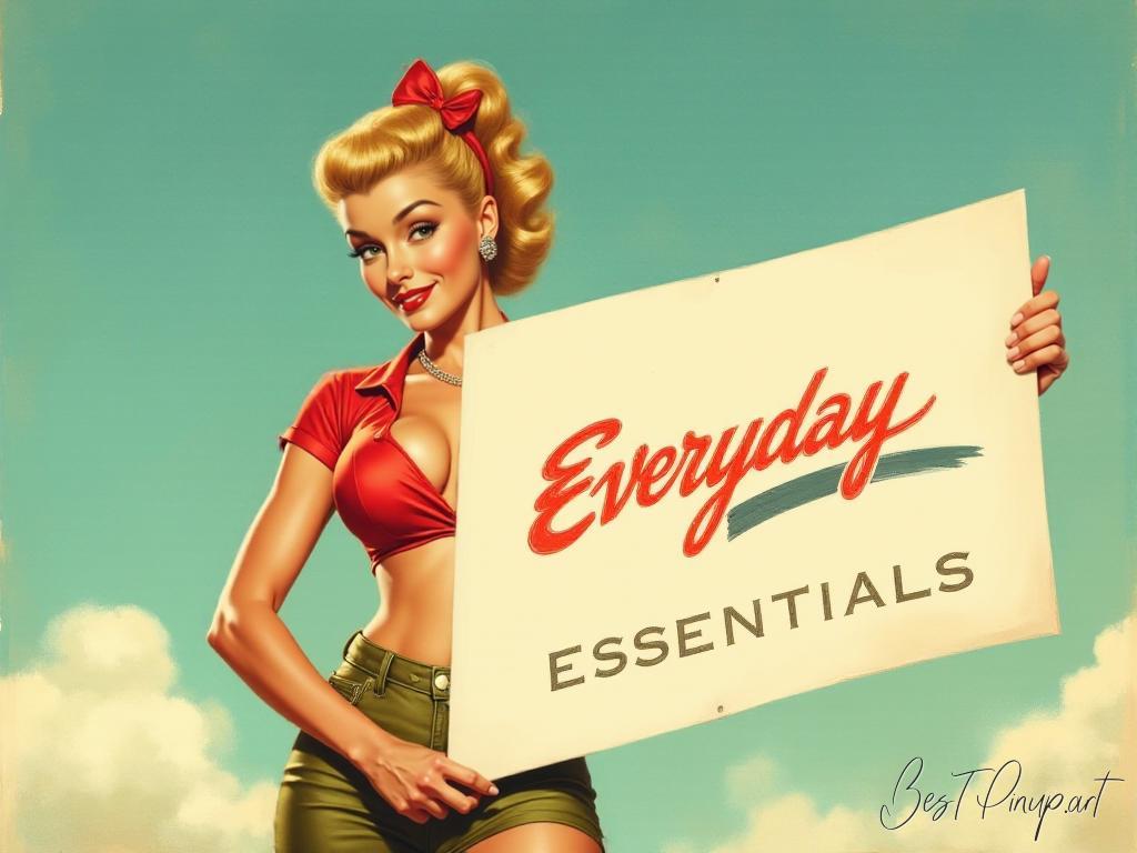 Pin-up girl showcasing a sign with everyday essentials theme